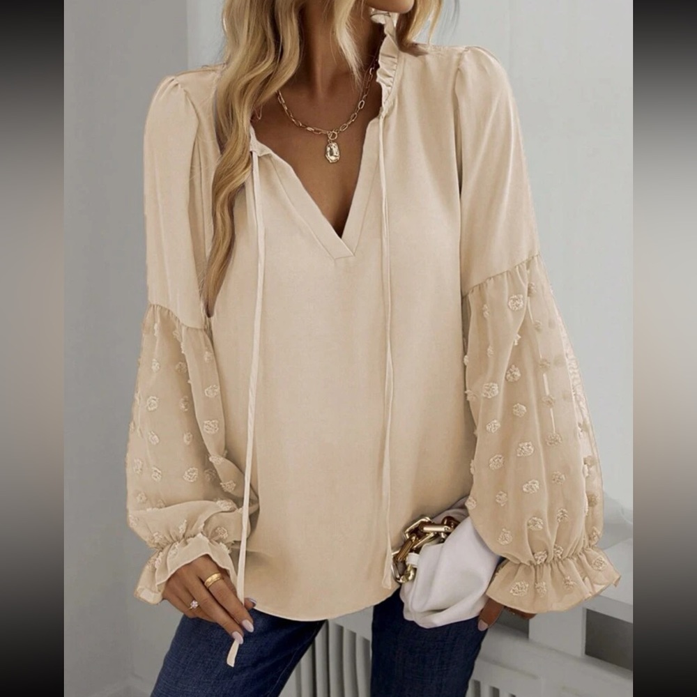 Boho  Swiss dot sleeve tie neck blouse - Picture 8 of 13